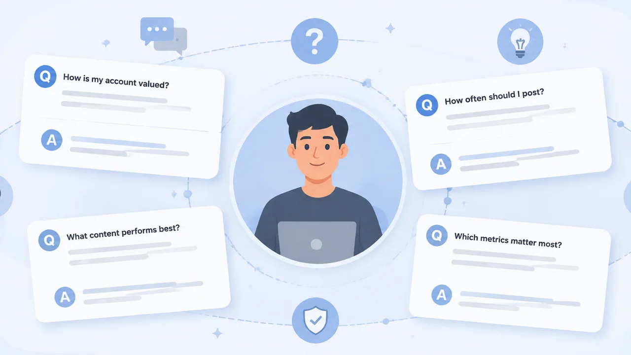 Illustration FAQ avec questions frequentes sur la valeur du compte, la frequence de publication et les indicateurs