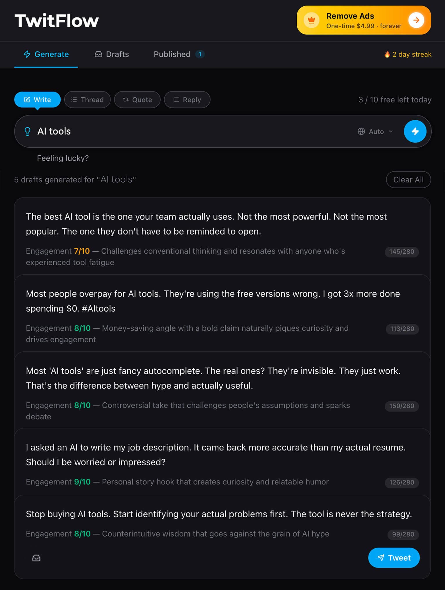 TwitFlow Write mode generating 5 AI tweet drafts for the topic 'AI tools' — each with an engagement score