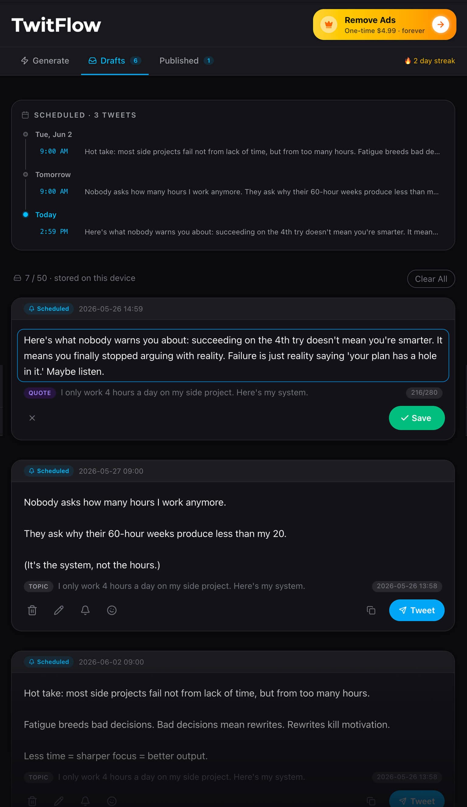TwitFlow draft bank — saved drafts from Write, Thread, Quote, and Reply modes with engagement scores